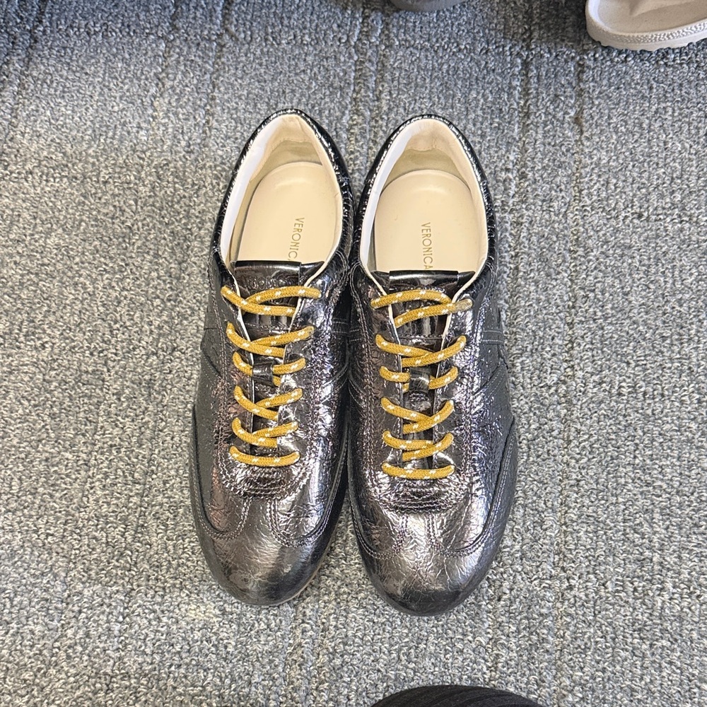 Veronica Beard Pewter Metallic Sneakers with Gold Laces